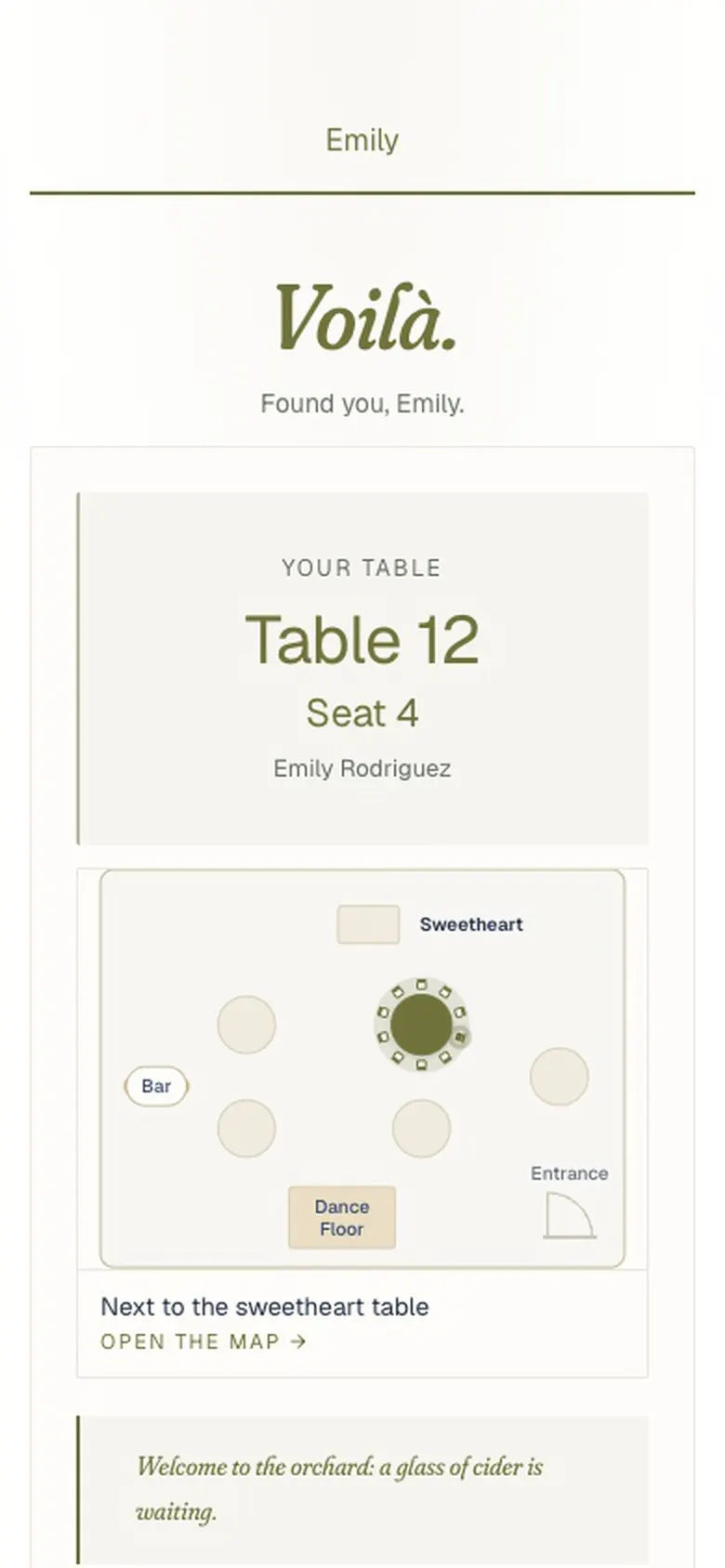 A guest’s phone after scanning: Voilà, found you, Emily. Table 12, seat 4, with the floor plan.
